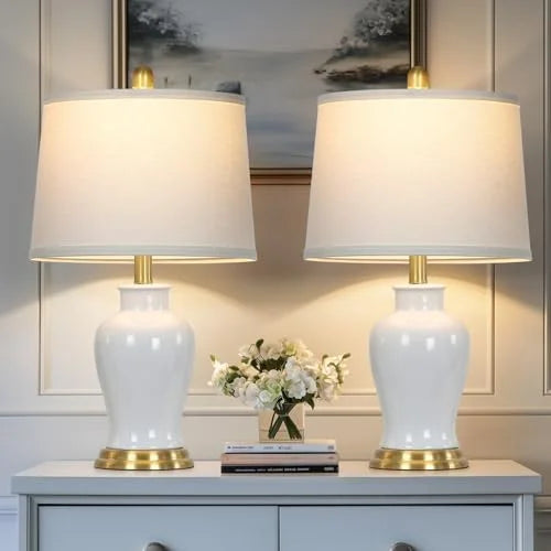 Modern Ceramic Table Lamps Set of 2, 23" White Ceramic Lamps for Living Room, Rustic Farmhouse Bedside Lamp with Ginger Jar Design, Elegant Bedroom Lamp for Nightstand Desk Side End Table Home Decor