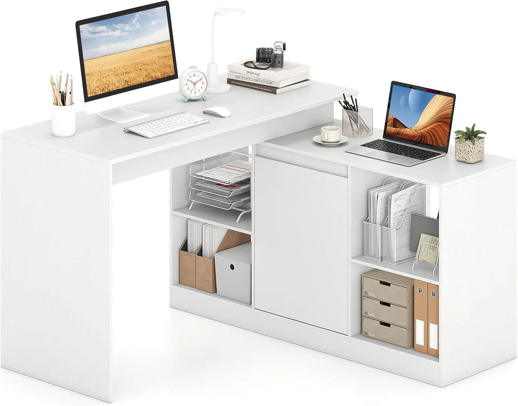 Tangkula L-Shaped 48" Reversible Corner Writing Desk with 2-Way Cabinet & 4 Storage Compartments