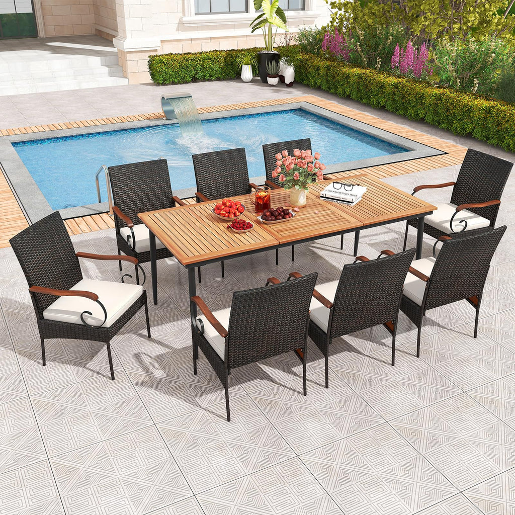 Tangkula 9-Piece Patio Dining Set, 79" Outdoor Dining Table & 8 Rattan-Woven Dining Chairs with Acacia Wood Tabletop