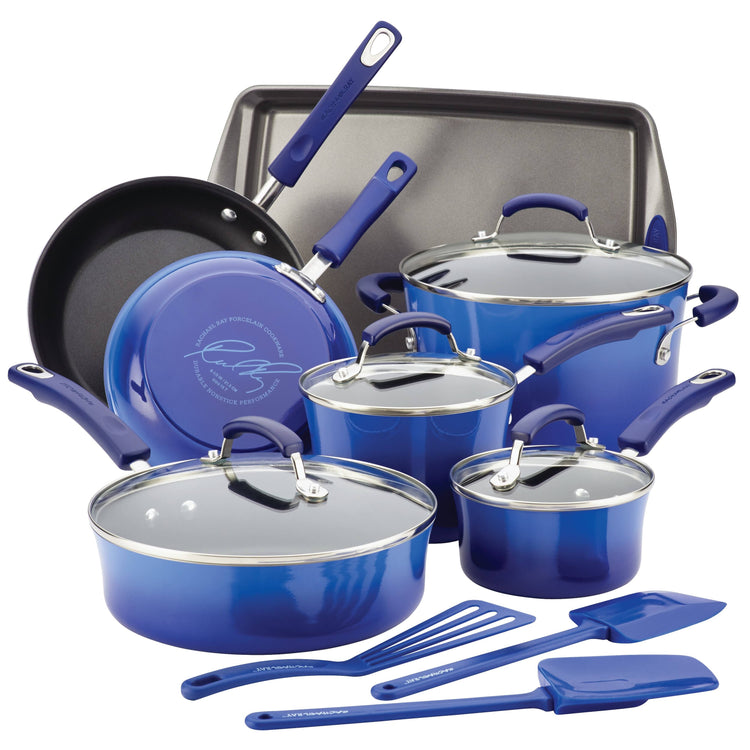 Rachael Ray Hard Porcelain Enamel Nonstick 14-Piece Cookware Set, Blue