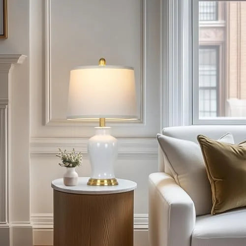 Modern Ceramic Table Lamps Set of 2, 23" White Ceramic Lamps for Living Room, Rustic Farmhouse Bedside Lamp with Ginger Jar Design, Elegant Bedroom Lamp for Nightstand Desk Side End Table Home Decor