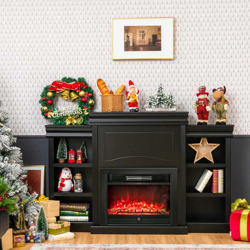 70" Fireplace Mantel TV Stand with Storage Shelves, Freestanding Wood Media Console for 28.5" Fireplace Insert, Living Room & Bedroom