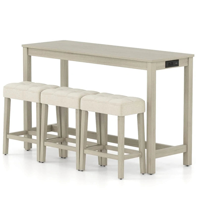 4-Piece Bar Table Set with Charging Station, 59" Counter Height Breakfast Nook Dining Set with 3 Padded Stools for Kitchen, Dinette & Small Spaces