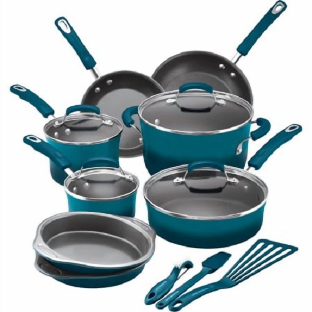 Rachael Ray 15 - Piece Nonstick Pots and Pans Set/Cookware Set, Marine Blue